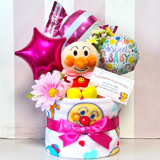 アンパンマンのおむつケーキ 女の子 1段 バルーン│出産祝いに人気 赤ちゃんのお誕生日プレゼント・ギフト・ダイパーケーキ 【送料無料】anp1611