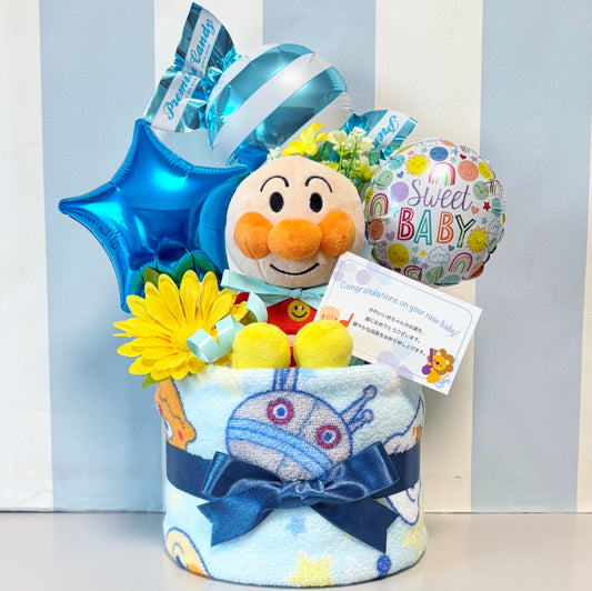 アンパンマンのおむつケーキ 男の子 1段 バルーン│出産祝いに人気 赤ちゃんのお誕生日プレゼント・ギフト・ダイパーケーキ 【送料無料】anp1511