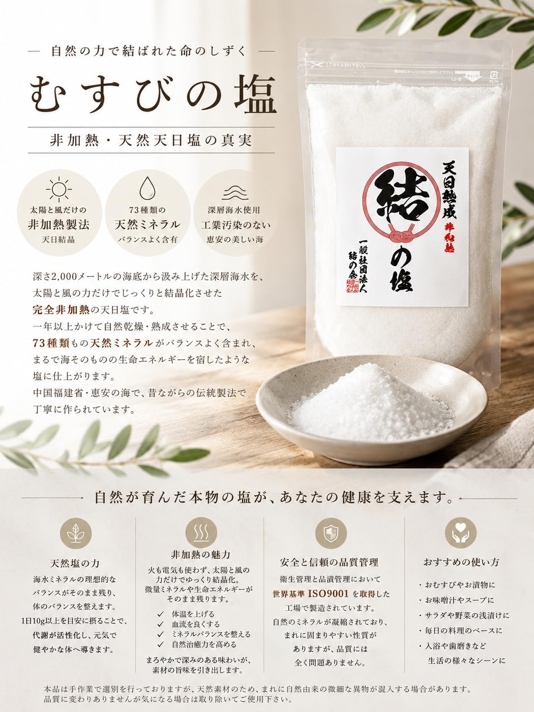 天日非加熱 むすびの塩 1kg 天然塩 天日塩 非加熱 恵安の塩 天然ミネラル 結の塩