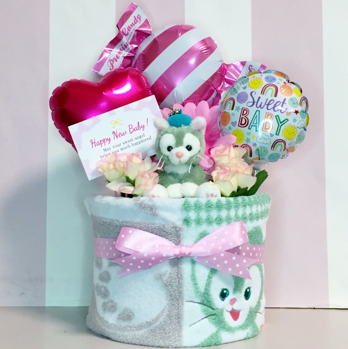 ジェラトーニのおむつケーキ 女の子 1段 バルーン│出産祝いに人気 赤ちゃんのお誕生日プレゼント・ギフト・ダイパーケーキ 【送料無料】duf1605