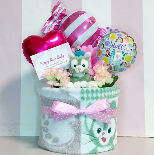 ジェラトーニのおむつケーキ 女の子 1段 バルーン│出産祝いに人気 赤ちゃんのお誕生日プレゼント・ギフト・ダイパーケーキ 【送料無料】duf1605