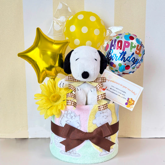 出産祝いに大人気のSNOOPY/スヌーピーのおむつケーキ 男の子 女の子 バルーン│ウォッシュタオル 赤ちゃんのお誕生日プレゼント・内祝いギフト・贈物 【送料無料】snp1512