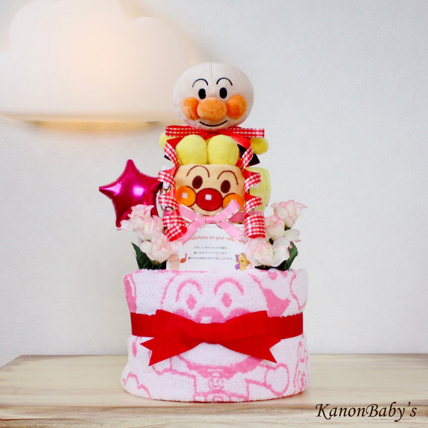 アンパンマンのおむつケーキ 女の子 2段│出産祝いに人気 赤ちゃんのお誕生日プレゼント・ギフト・ダイパーケーキ 【送料無料】anp2101