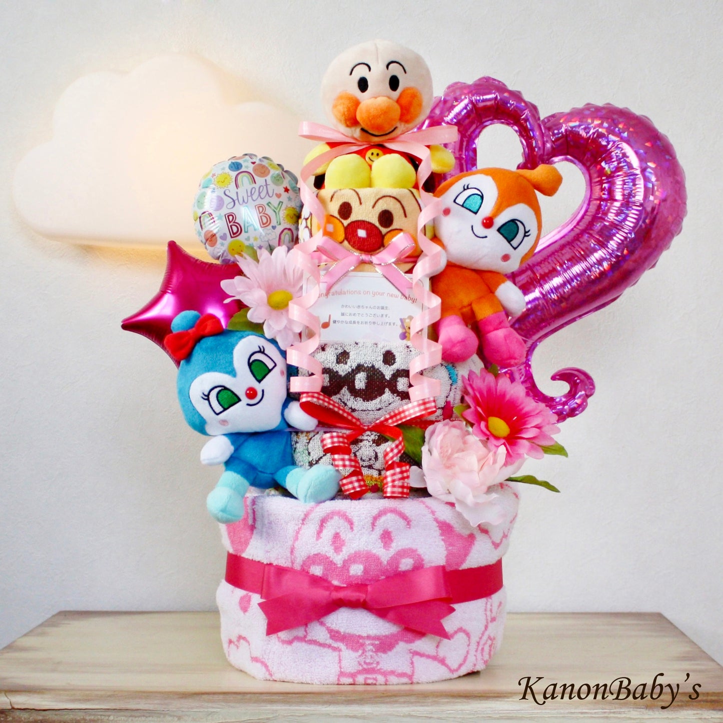 アンパンマン・ドキンちゃんのおむつケーキ 女の子 3段 バルーン│出産祝いに人気 赤ちゃんのお誕生日プレゼント・ギフト・ダイパーケーキ 【送料無料】anp4601
