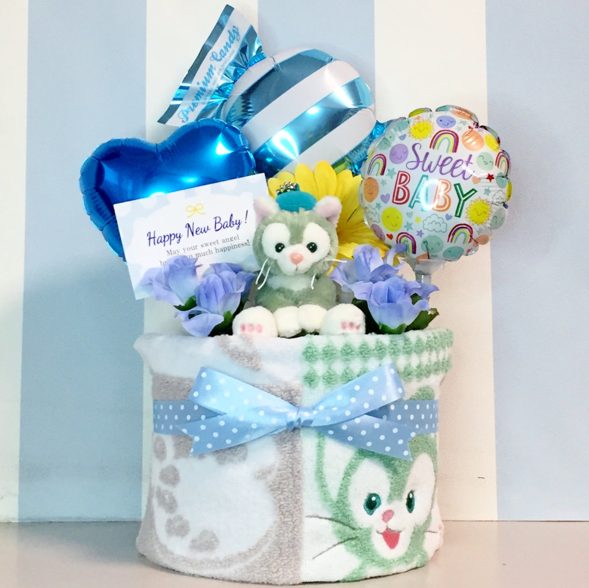 ジェラトーニのおむつケーキ 男の子 1段 バルーン│出産祝いに人気 赤ちゃんのお誕生日プレゼント・ギフト・ダイパーケーキ 【送料無料】duf1505