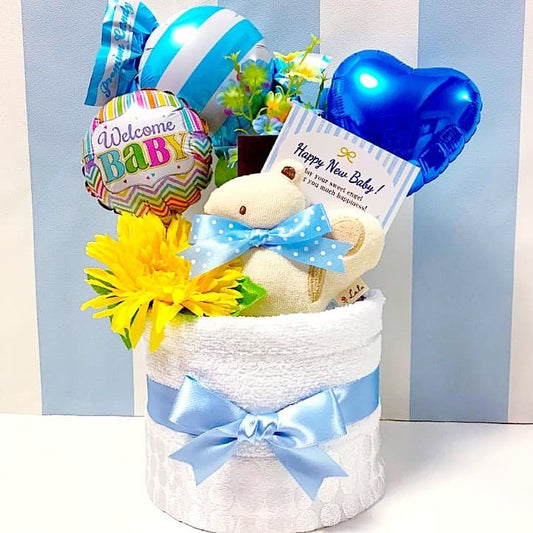 今治タオルのおむつケーキ 男の子 1段 オーガニック ガラガラ バルーン│出産祝いに人気 赤ちゃんのお誕生日プレゼント・ギフト・ダイパーケーキ 【送料無料】imb1511