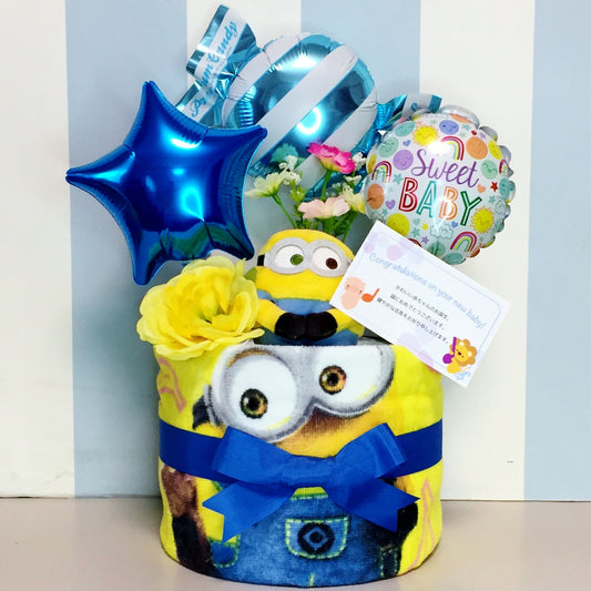 ミニオンのおむつケーキ 男の子 1段 バルーン│出産祝いに人気 赤ちゃんのお誕生日プレゼント・ギフト・ダイパーケーキ 【送料無料】mno1511