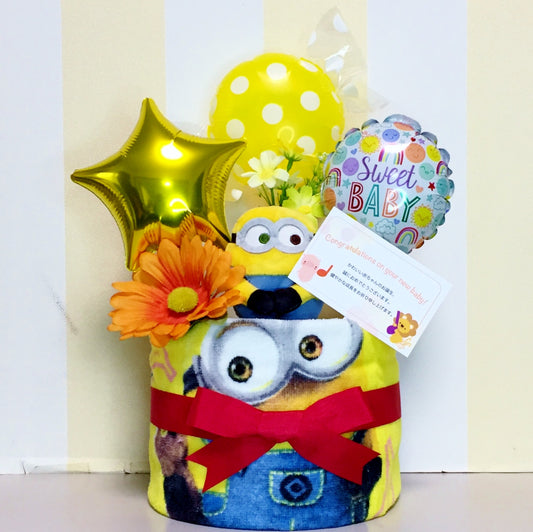 ミニオンのおむつケーキ 男の子 女の子 1段 バルーン │出産祝いに人気 赤ちゃんのお誕生日プレゼント・ギフト・ダイパーケーキ 【送料無料】mno1513